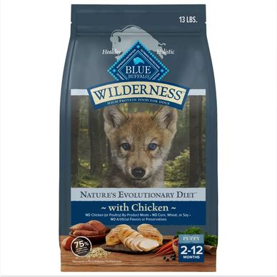 Blue Buffalo Wilderness high-protein dog food with chicken for puppies.