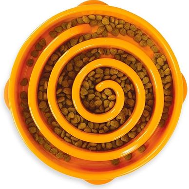 Orange spiral slow feeder bowl with dry pet food inside.