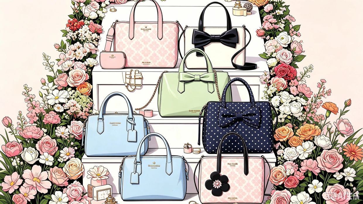Elegant handbags displayed with floral decorations on white steps.