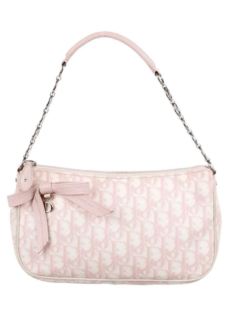 Elegant pink designer handbag with a chain strap and bow detail.