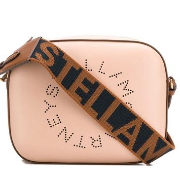 Beige Stella McCartney bag with a bold brown and black strap.