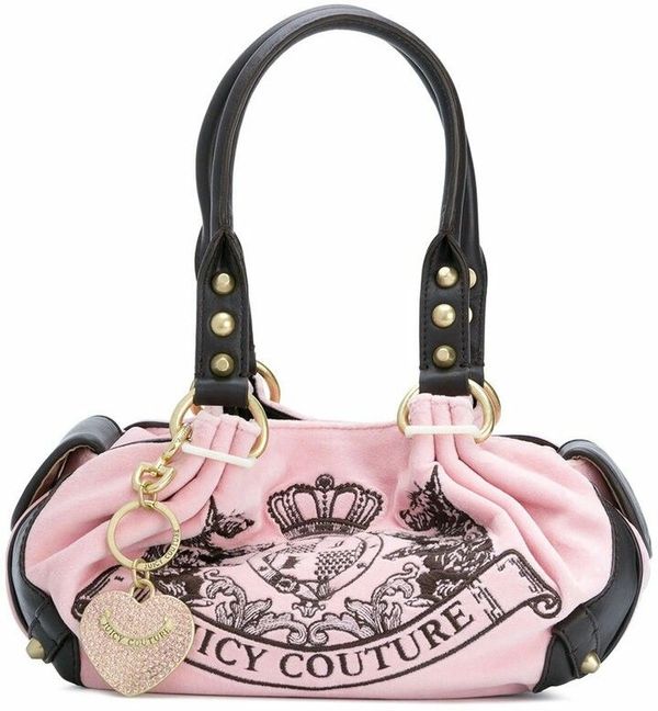Pink Juicy Couture handbag with black handles and gold accents.