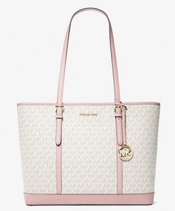 Michael Kors tote bag with pink accents and logo charm.