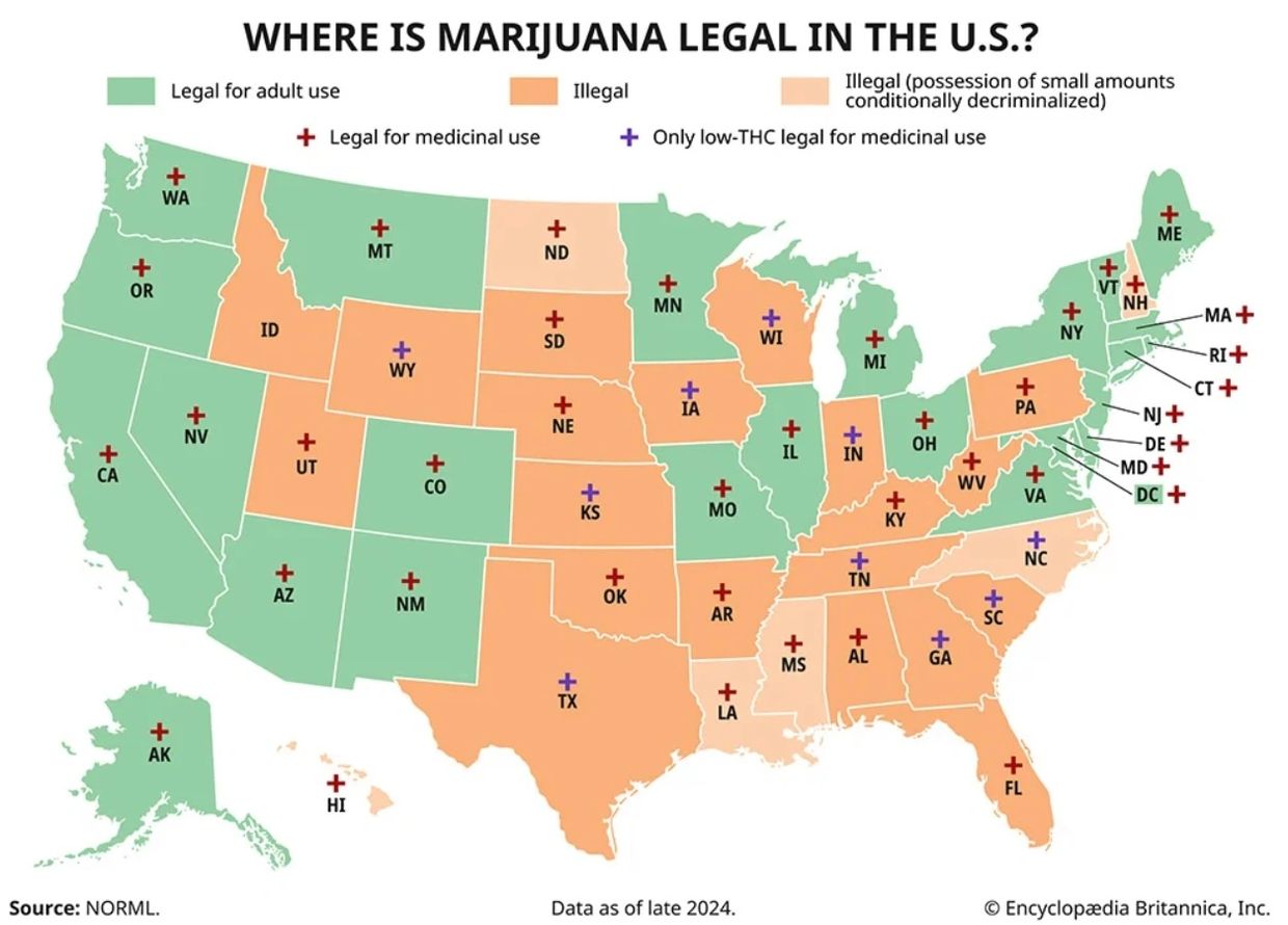 Map showing marijuana legality across U.S. states by adult, medicinal, and low-THC use.