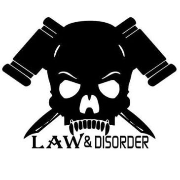 Skull with gavels and knives logo with Law &amp; Disorder text.