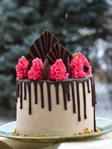 Custom designed cake with chocolate drip, pink accents and decorative chocolate leaves