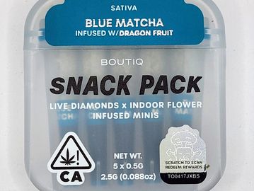 Boutiq Blue Matcha Sativa snack pack with infused minis and dragon fruit flavor.