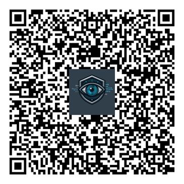 A QR code with a blue eye and shield logo in the center.