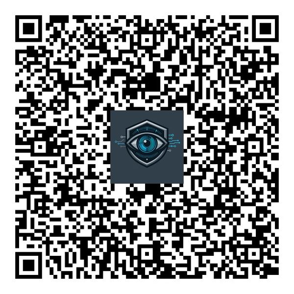 A QR code with a blue eye and shield logo in the center.