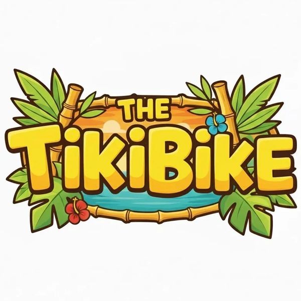 Colorful logo for The TikiBike with tropical leaves and flowers.