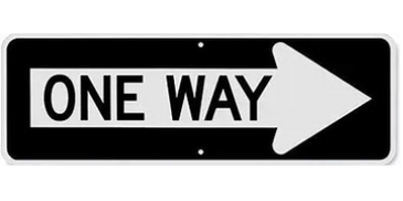 A black and white one-way traffic sign with an arrow pointing right.