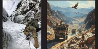 Soldier climbing icy mountain with gear.