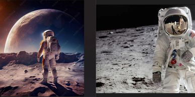 Astronaut exploring a rocky extraterrestrial landscape with a large planet in the sky.