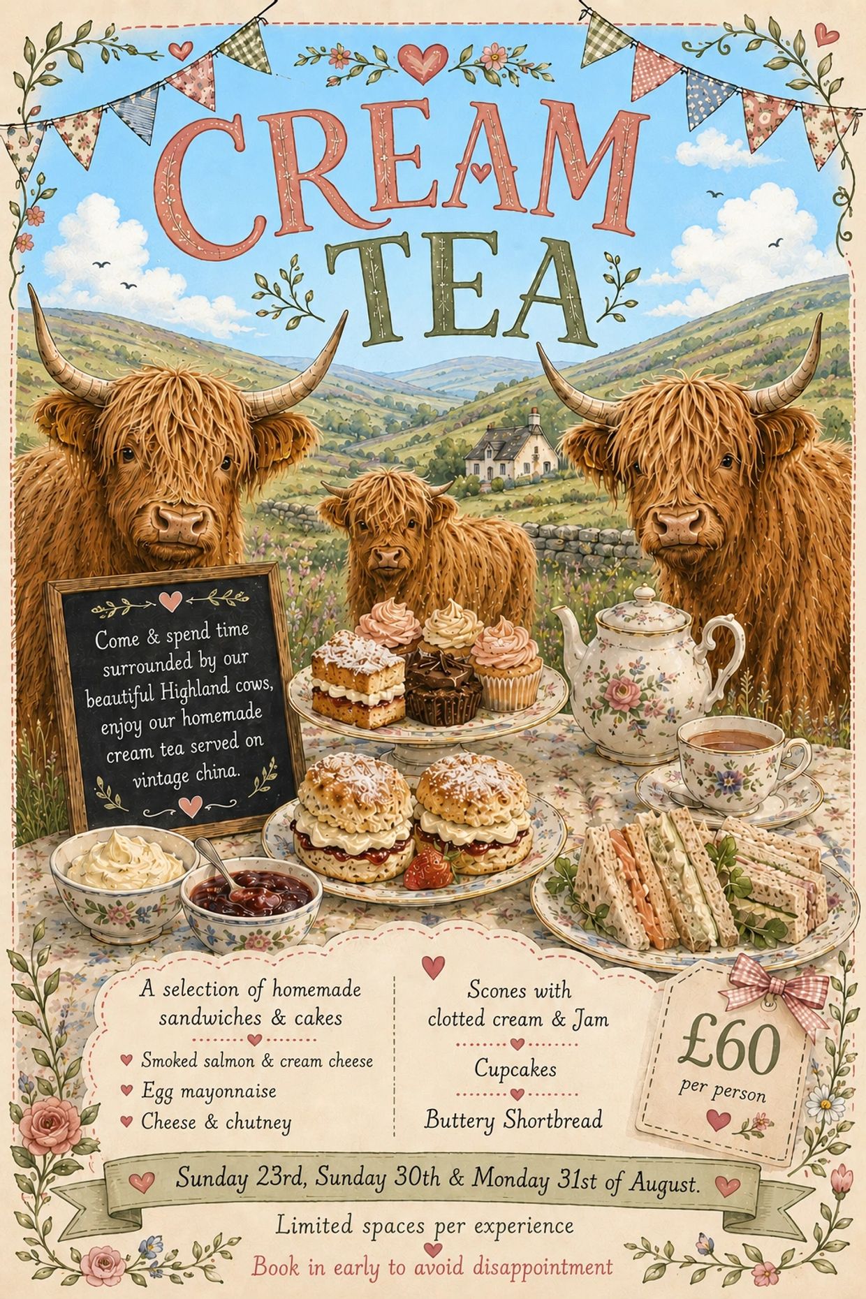 Whimsical cream tea event with Highland cows, homemade cakes, sandwiches, and vintage china in a scenic countryside setting.
