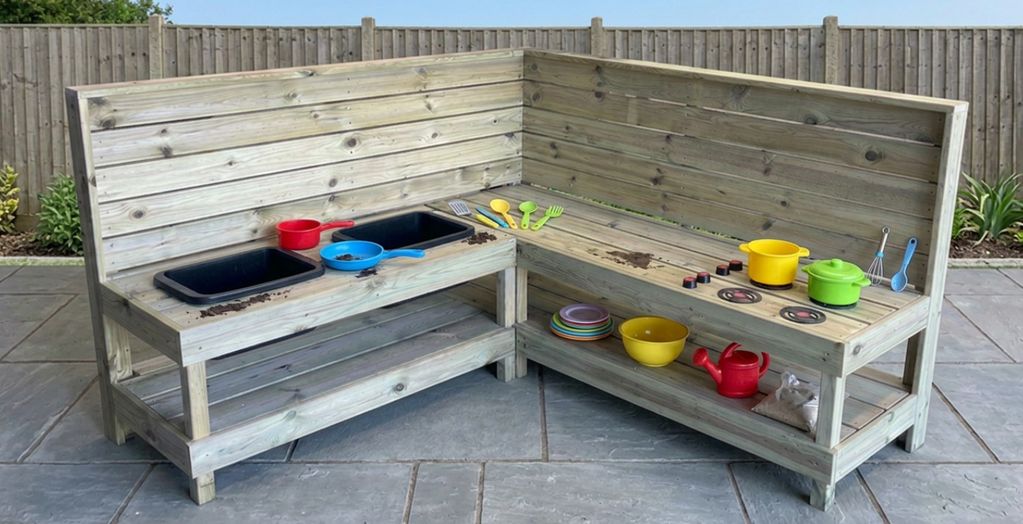 Wooden outdoor play kitchen setup with toy utensils and dishes.