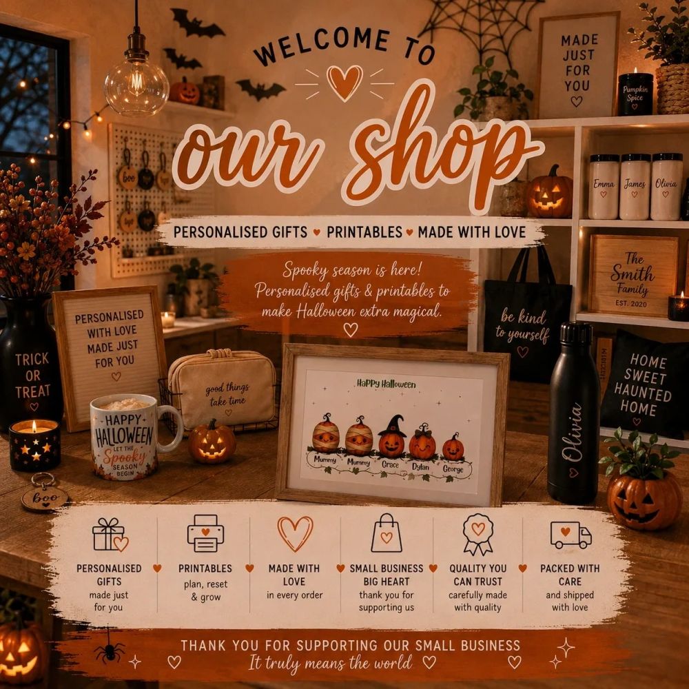 Cozy Halloween-themed shop with personalized gifts and warm decor.