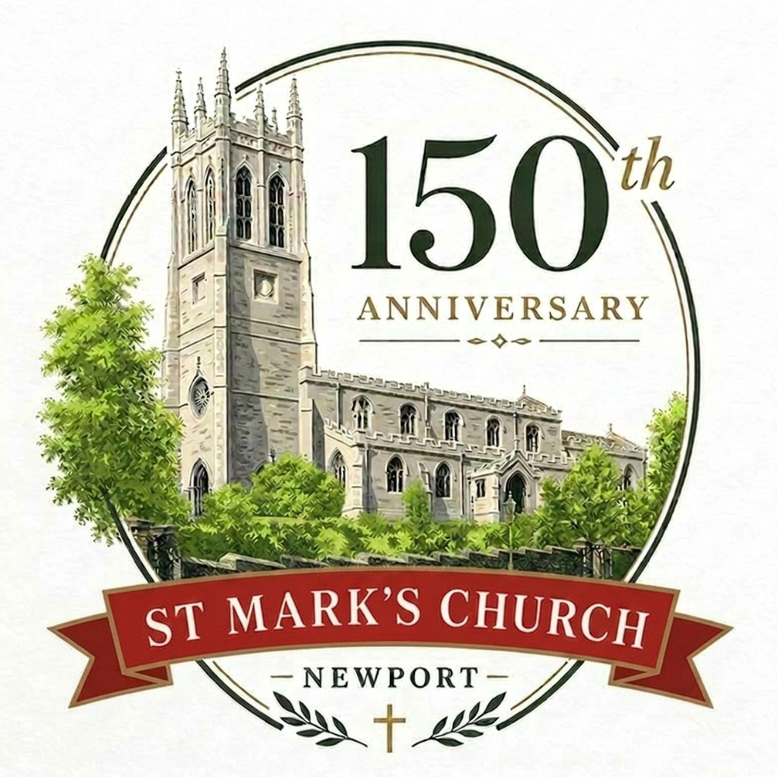 St Mark's 150th Anniversary logo - church with 'St Mark's Church Newport 150th Anniversary' wording