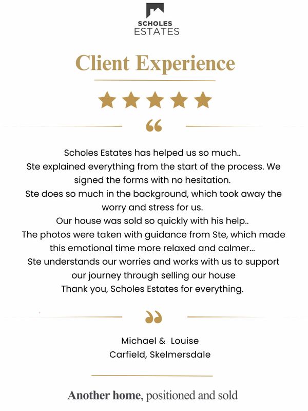 Client testimonial praising Scholes Estates for excellent support and quick house sale.