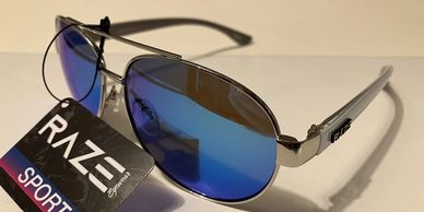 RAZE Sunglasses Aviator Metal Gulf Silver White Blue Mirror Smoke Lens 54002