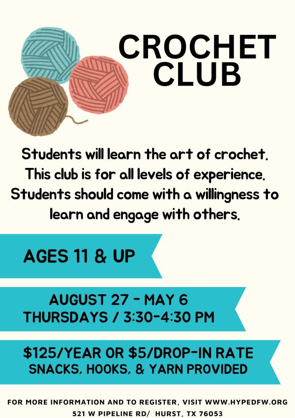 Flyer for a Crochet Club for ages 11 and up.