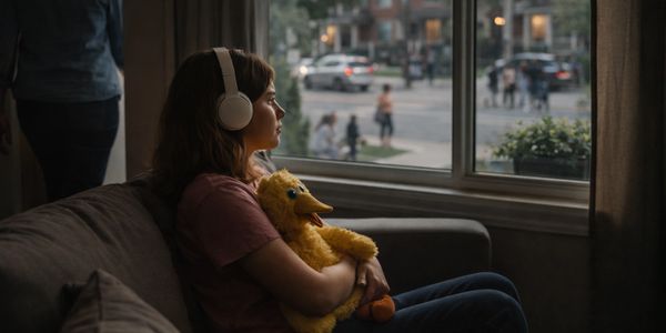 A girl with headphones hugging a Big Bird plush, looking out a window.