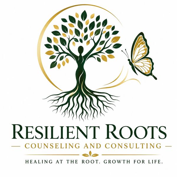 Logo of Resilient Roots Counseling with a tree-person and butterfly design.