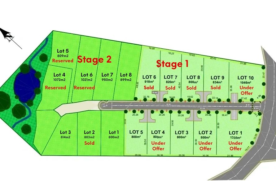 A residential land subdivision map showing lots, sizes, and sale statuses in two stages.