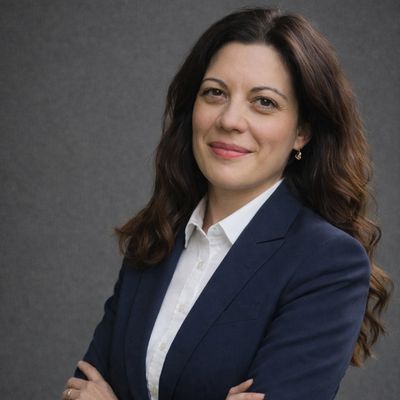 Confident woman in a navy blazer smiling with arms crossed against gray background.