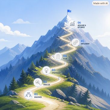 Mountain path showing six-step process to a goal.