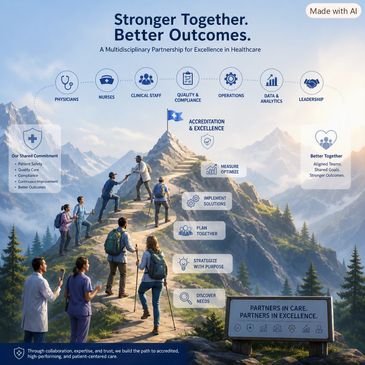 Healthcare team climbing mountain symbolizing partnership and excellence.