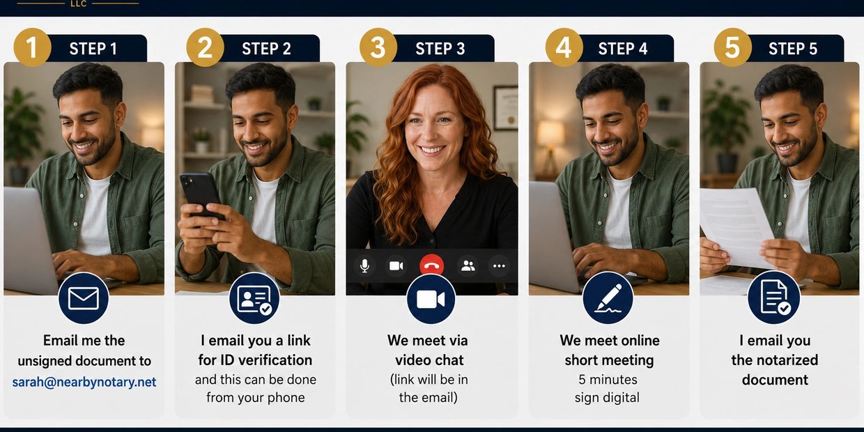 Step-by-step guide for online notarization via email and video chat.