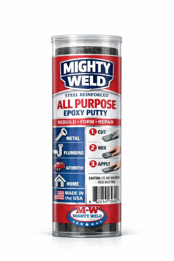 Mighty Weld steel reinforced all purpose epoxy putty in a cylindrical container.