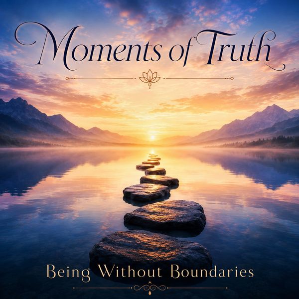 Sunset over a lake with stepping stones and text 'Moments of Truth'.