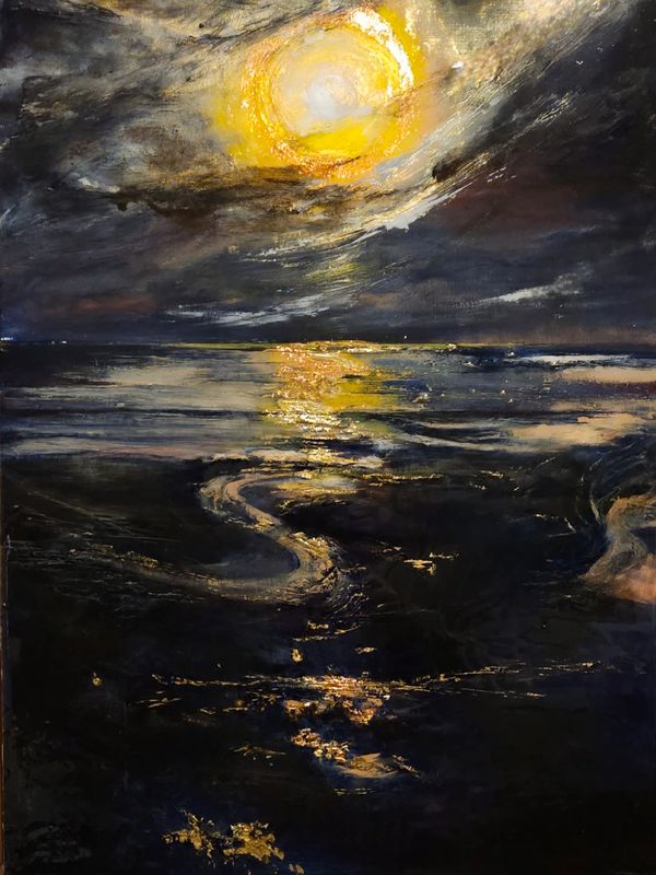 Golden Moon, a textured mixed media seascape painting by Jo Frost that has inspired  commissions.


