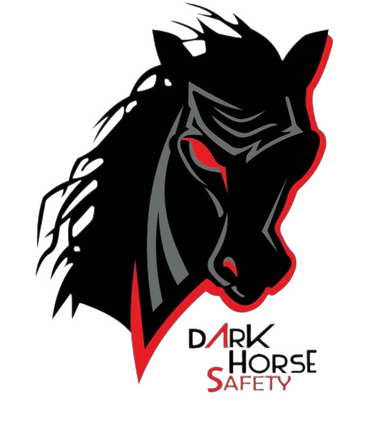 Dark horse head logo with red accents.