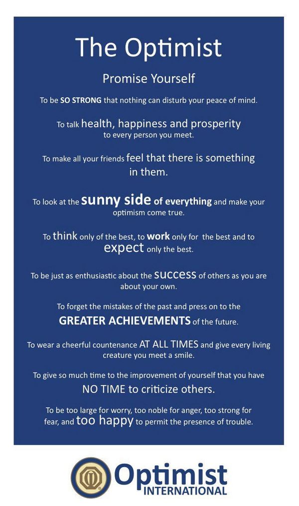 The Optimist Promise encourages strength, happiness, and positivity in life.