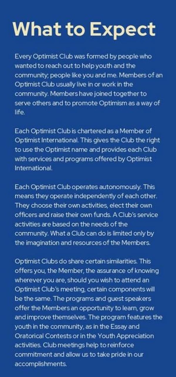 Overview of what to expect from an Optimist Club and its community focus.