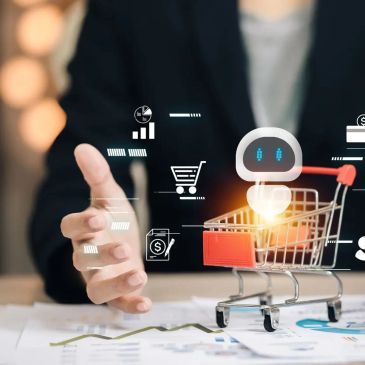 Mini shopping cart with AI icons and digital overlays.