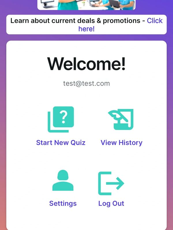 Mobile app welcome screen for Online Nurse Training with quiz, history, settings, and logout options.