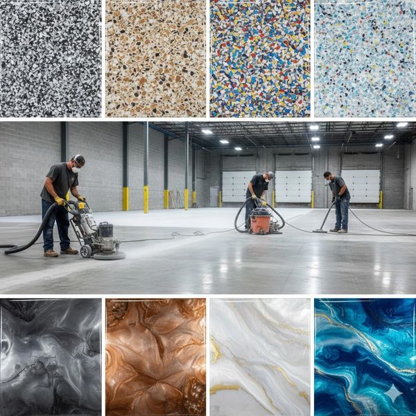 Workers polishing concrete floors with various decorative finishes samples.