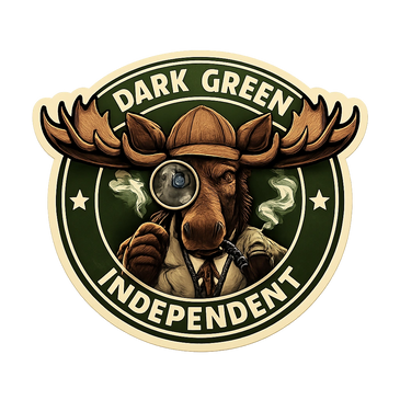 Logo of a moose detective with a monocle and pipe, labeled Dark Green Independent.