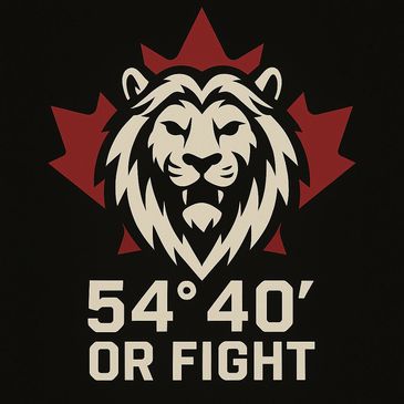 Lion head with red maple leaf and text '54°40' or Fight'.