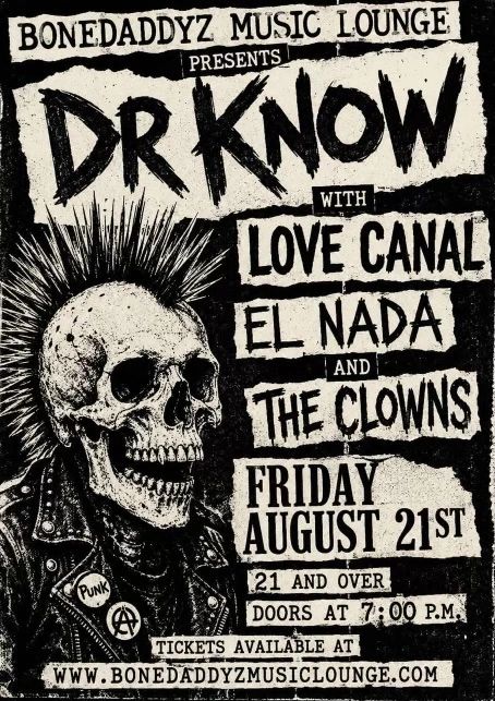 Punk rock concert poster with a skull illustration.