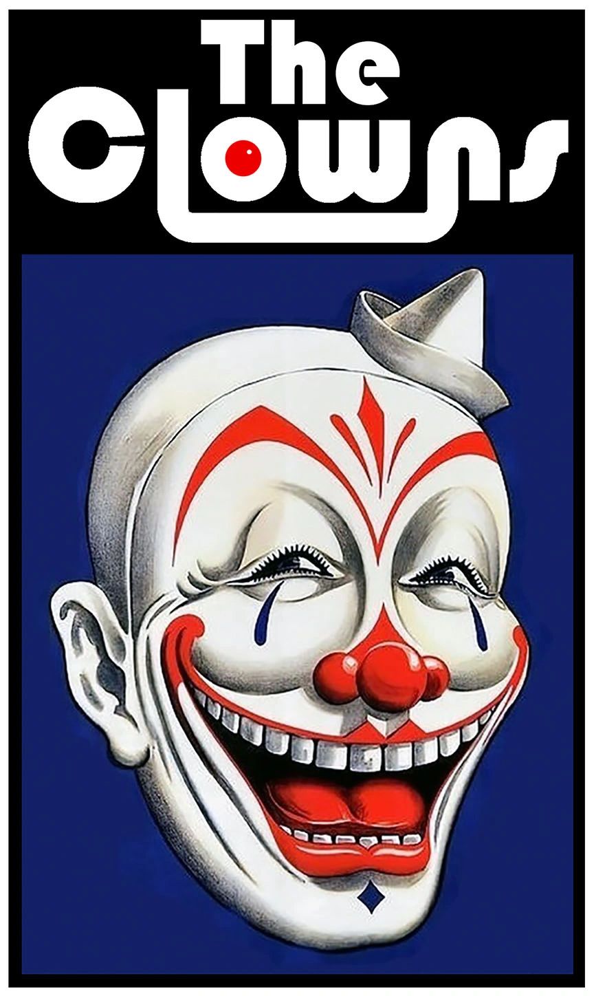 The Clowns White Clown with white hat  and red trim on blue background