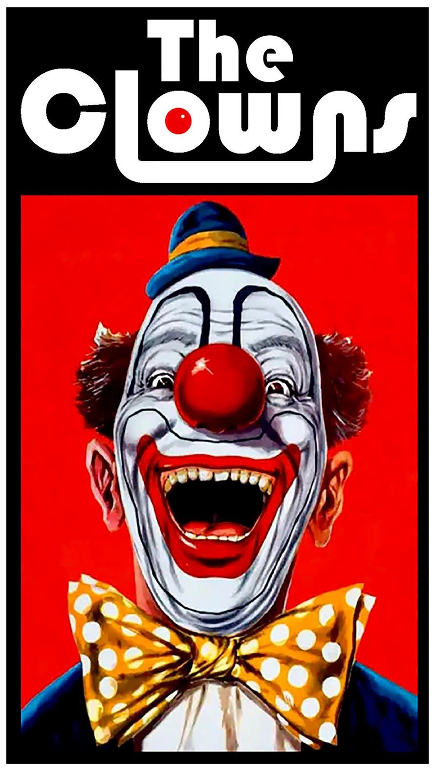 The Clowns Happy Clown with blue hat  and yellow polka dot bowtie on red  background
