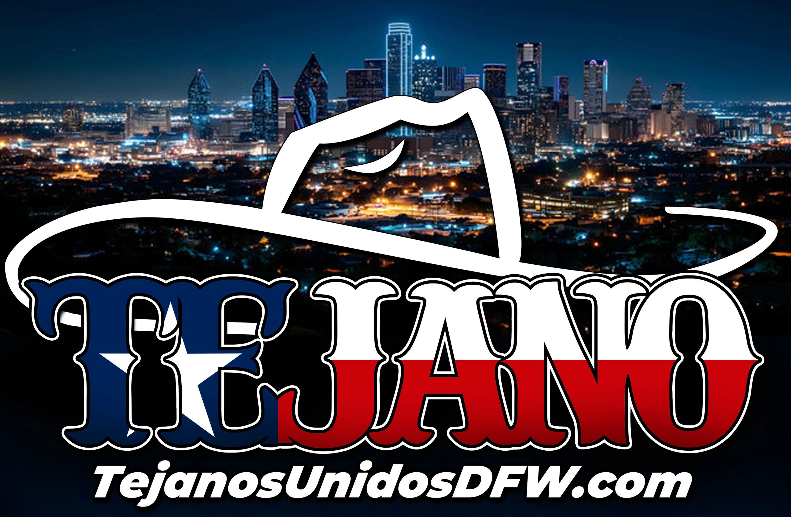 Logo for Tejanos Unidos DFW with Texas flag colors and Dallas skyline at night.