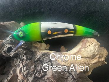 Fishing lure with green and chrome colors named Chrome Green Alien.