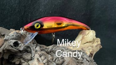 A colorful fishing lure named Mikey Candy on driftwood.