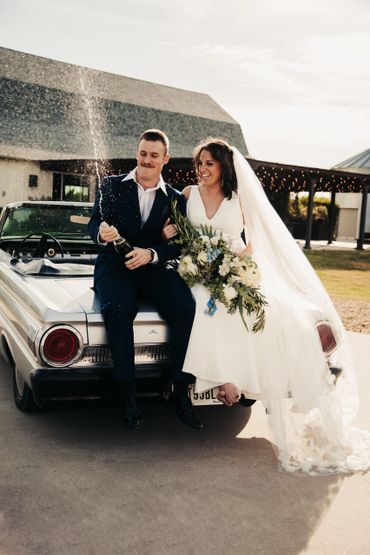 vintage car, bride and groom