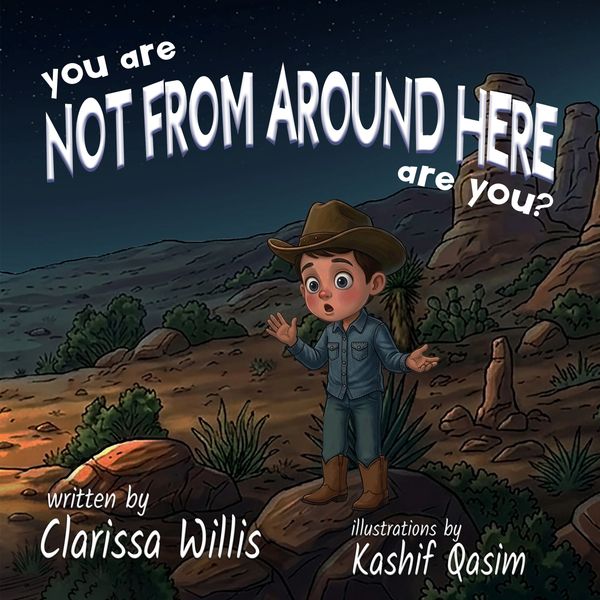 A curious boy in cowboy attire stands in a desert at night, questioning if you're from around here.